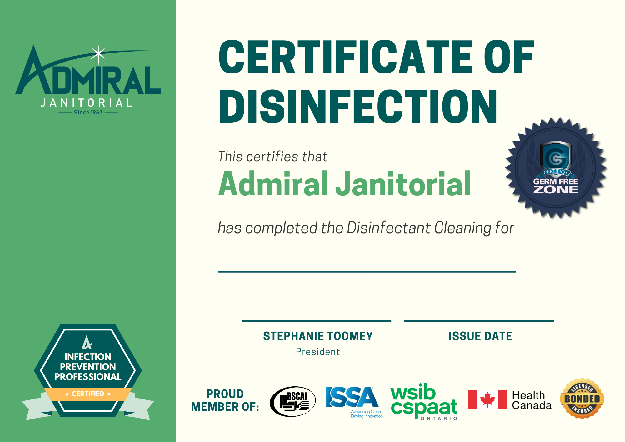 Admiral Janitorial Certificate of Disinfection