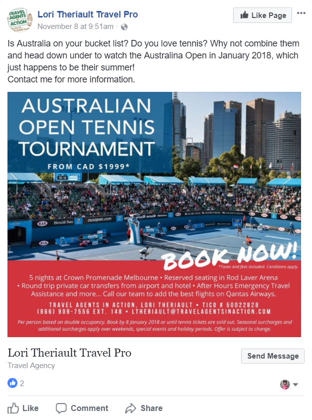 Lori Theriault, Travel Pro Australian Open Facebook Ad